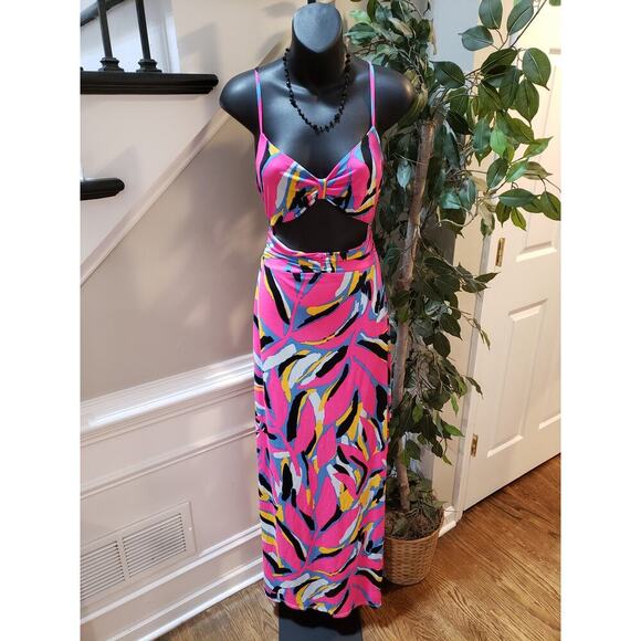 Sevengate Maxi Dress Womens L Multi Geo Print Cut Out Ankle Slit Spaghetti Strap - Picture 2 of 14